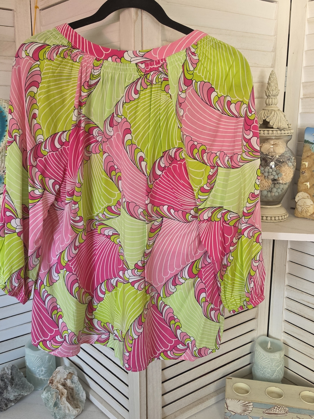 Crown & Ivy SET- Pink and Lime Swirl Print Blouse & Lime Pants SZ L - Picture 5 of 12